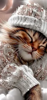 Cat in embellished sweater resting on clouds under a crescent moon.