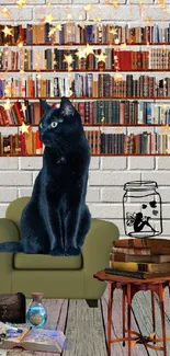 Black cat sits on chair near bookshelf in cozy room setting.