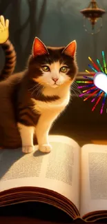 Cute cat stands on an open book, warm ambiance, with heart graphic.