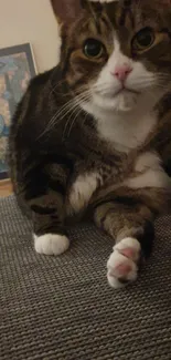 Adorable tabby cat relaxing on a gray textured sofa indoors.