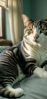 Cat lounging on a bed by a sunny windowsill in a tranquil setting.