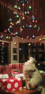 Cat gazing at holiday ornaments in a cozy room.