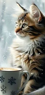 Fluffy cat by window with snowflakes and coffee cup.