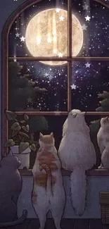 Cats sitting by a window gazing at the moon on a serene night.