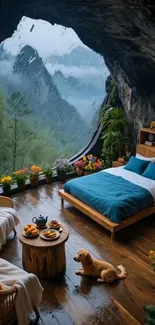 Cozy cave bedroom with nature view.
