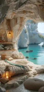 Cozy seaside cave nook with ocean view and serene atmosphere.