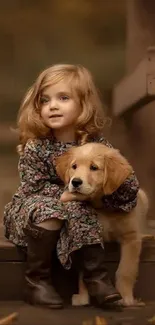 Young girl in floral dress sitting with a puppy on wooden steps.