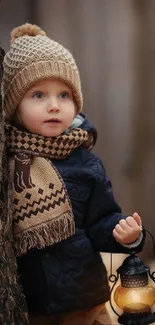 Child in cozy attire with lantern in an autumn forest setting.