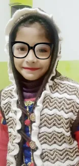 Child smiling in cozy winter attire with glasses.