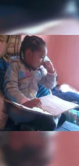 Child relaxing with a book in a cozy pink and beige room.