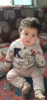 Adorable child sitting on ornate red sofa with cozy decor.