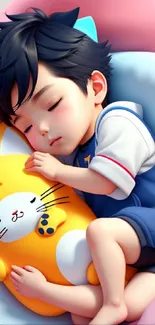 Child cuddling plush toy, serene wallpaper.