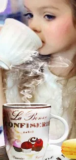 Young girl sipping from a stylish mug, evoking warmth and artistic charm.