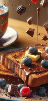 Chocolate-covered toast with berries and coffee.