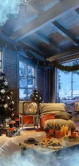 Cozy cabin with Christmas tree and snow outside.