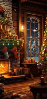 Cozy Christmas cabin with tree and fireplace.