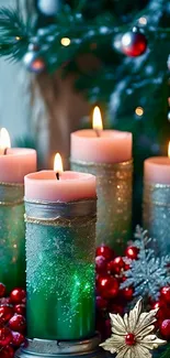 Festive candles and Christmas decorations wallpaper.