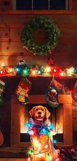 Cozy Christmas scene with a dog by a decorated fireplace.