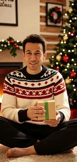 Man enjoying Christmas by the fireplace with a gift in hand and decorated tree.