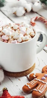 Cozy Christmas scene with cocoa, marshmallows, and gingerbread cookie.