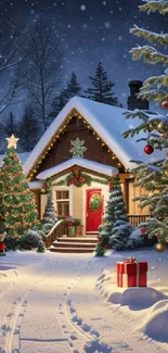 Snow-covered Christmas cottage with lights and trees.