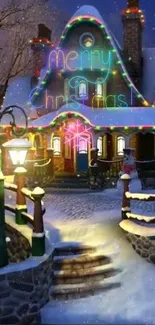 Festive Christmas cottage with lights and snow.