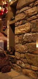 Cozy Christmas fireplace with stockings and rustic stone design.