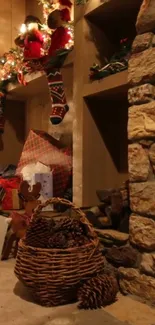 Cozy Christmas fireplace with festive decor and glowing lights.