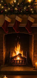 Cozy Christmas fireplace with stockings and candles.