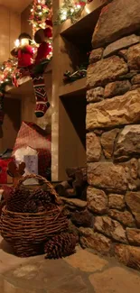 Cozy fireplace with Christmas decorations and gifts.