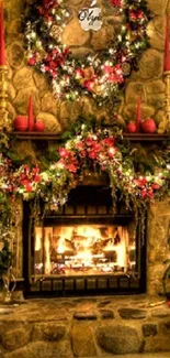 Cozy Christmas fireplace with festive wreaths and glowing holiday decorations.