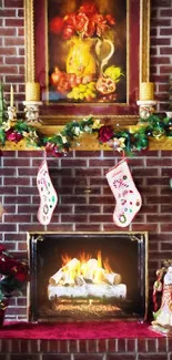 Cozy fireplace with Christmas stockings and a warm, glowing fire.