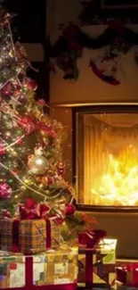 Cozy Christmas scene with tree and fireplace.