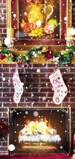 Festive Christmas fireplace with stockings, garland, and warm fire.