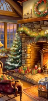 Cozy festive room with fireplace and decorations.