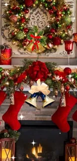 Cozy Christmas fireplace with stockings and wreath