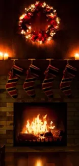 Warm Christmas fireplace with stockings and wreath.