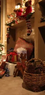 Cozy Christmas scene with gifts and stockings by the fireplace.