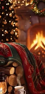 Cozy holiday scene with a fireplace and Christmas decor.