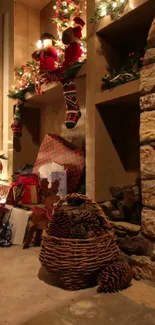 Cozy Christmas fireplace scene with festive decor and pinecones.