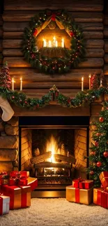 Cozy fireplace aglow in a festive log cabin with Christmas tree and gifts.