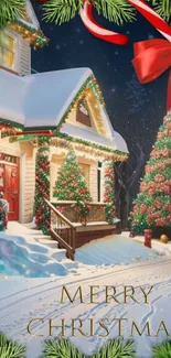 Christmas house with decorations and snow, featuring a red ribbon.