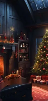 Cozy Christmas living room featuring a glowing Christmas tree and warm fireplace.