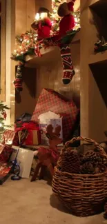 Warm Christmas living room decor with festive tree and stockings.