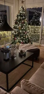 Cozy living room with Christmas tree and lights.