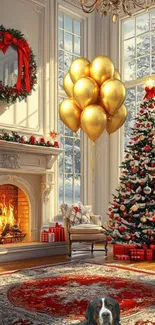 Cozy Christmas living room with golden balloons and a lit fireplace.