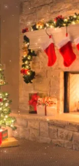 Cozy Christmas living room with tree and fireplace.