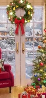 Cozy Christmas living room with tree and snow outside.