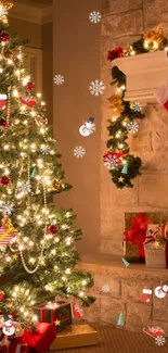 A cozy Christmas living room with a decorated tree and stockings hung by the fireplace.