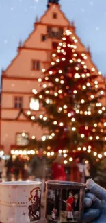 Holiday market scene with lit Christmas tree and cozy mugs.